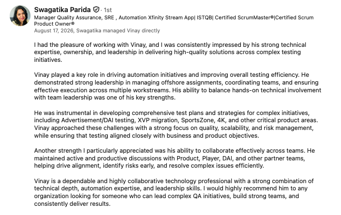 LinkedIn recommendation from Swagatika Parida, Manager Quality Assurance, SRE